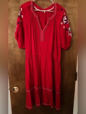 Kate & Sam Red Embroidered Dress with Puff Sleeves